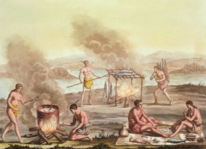 Nativos indígenas de Florida preparando y cocinando comida de John White